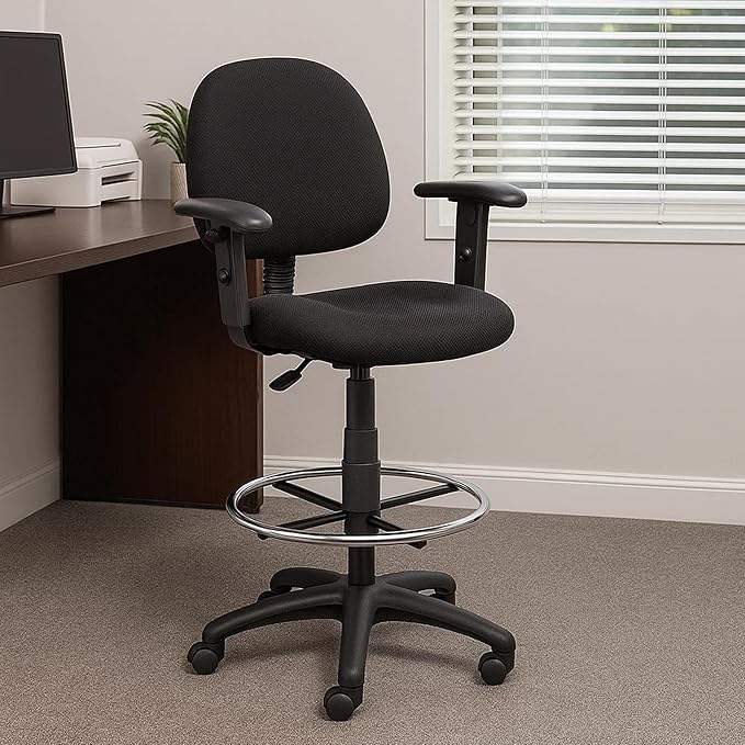 Benzara Jea Drafting Stool Chair, Adjustable Arms, Black Tweed, Round Footring