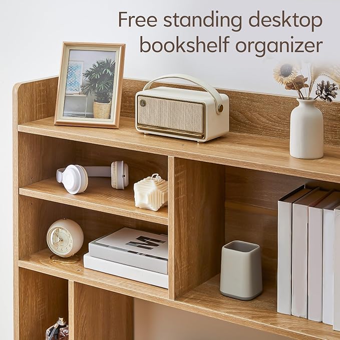 TUKAILAi Desktop Bookshelf Organizer, Countertop Storage Hutch with 7 Shelves for Desk, Dorm Desk Hutch Wood Display Rack for Home Office (Natural)