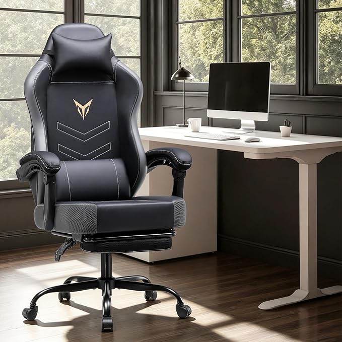 GTPLAYER Gaming Chair, Office Chair High Back Computer Chair with Foot Rest for Adults, Leather Desk Chair Executive Ergonomic Height Adjustable with Headrest and Lumbar Support, 300lbs Grey
