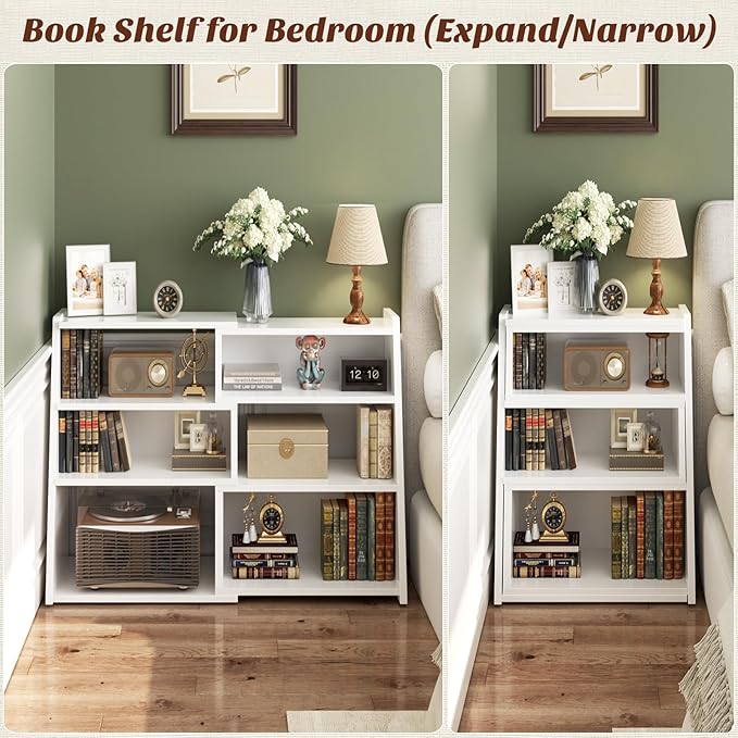 Armocity Expandable Bookshelf, Short Corner Bookshelf for Small Spaces, Small Ladder Book Shelf, Extendable Wood Narrow Bookcase for Living Room, Bedroom, 4 Tier,White