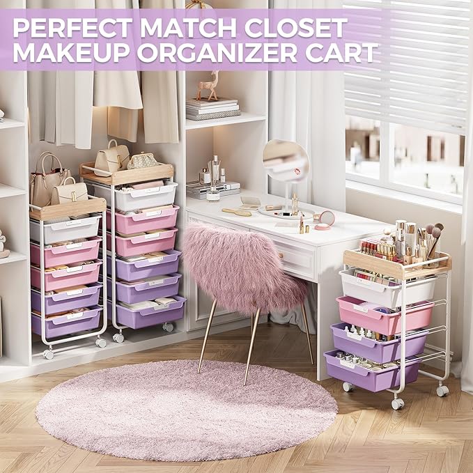 SYKIARIOL Rolling Cart with 6 Drawers,Utility Storage Cart with Drawers,Art Craft Organizers and Storage,Makeup Organizer with Wooden Tabletop,Purple