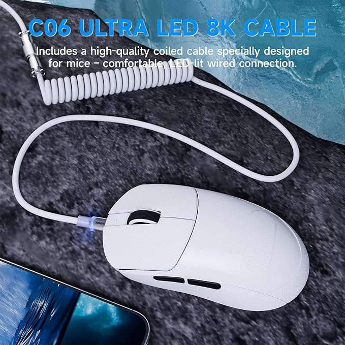 ATTACK SHARK X8Plus 55g Superlight Wireless Gaming Mouse with 40K DPI,PAW 3395PRO Sensor, Broadcom BK52820 Chip,HUANO Switch,Web Driver,Tri-Mode Fit Large Hand Mice with RGB Cable -White&Sticker