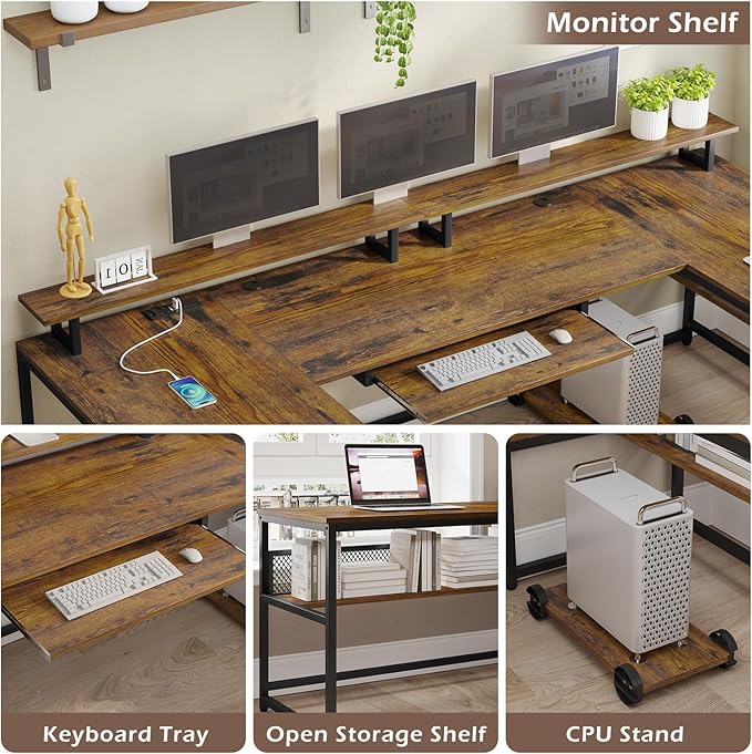SEDETA U Shaped Desk, Reversible L Shaped Home Office Desk with File Drawer & Power Outlet, 101.5'' Computer Two Person Desk with Monitor Shelf, Keyboard Tray, Gaming Desk, Rustic Brown