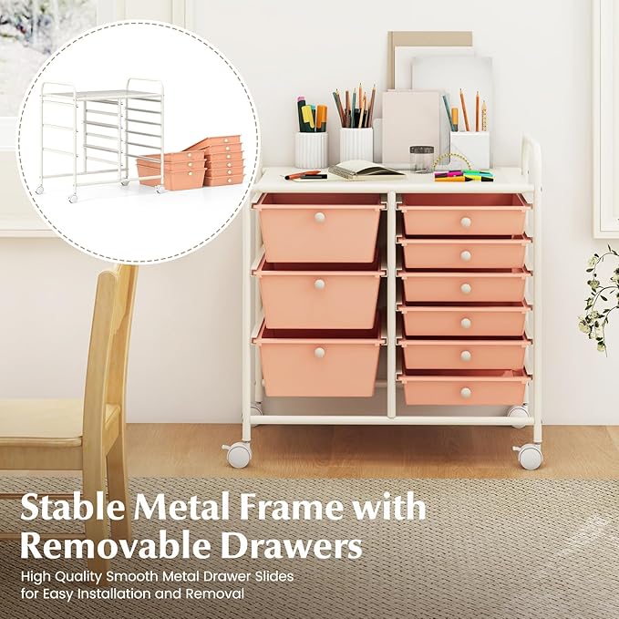 Moccha 9-Drawer Rolling Storage Cart - Under Desk Storage Drawers with wheels for Craft Art Supply Paper Salon, Scrapbook Paper Tools, Mobile Utility Cart for Classroom, Peach