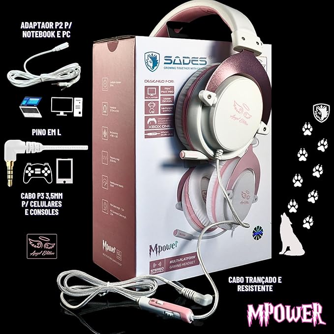 SADES MPOWER Stereo Gaming Headset for PS4, PC, Mobile, Noise Cancelling Over Ear Headphones with Retractable and Flexible Mic & Soft Memory Earmuffs for Laptop Nintendo Switch Games-Angel Edition