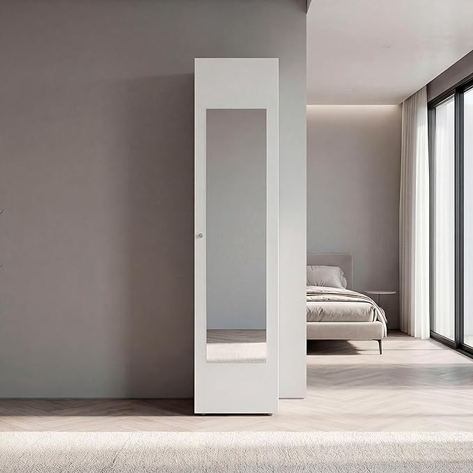 White Storage Cabinet with Mirror Full-length mirror on the door adds convenience for quick outfit checks and full-body views positioned directly beside hanging garments and shelves Quick-access sto