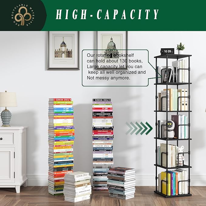 5-Tier Rotating Bookshelf, Freestanding Corner Bookshelf Industrial Style Storage Rack with Rails, for Living Room, Bedroom,