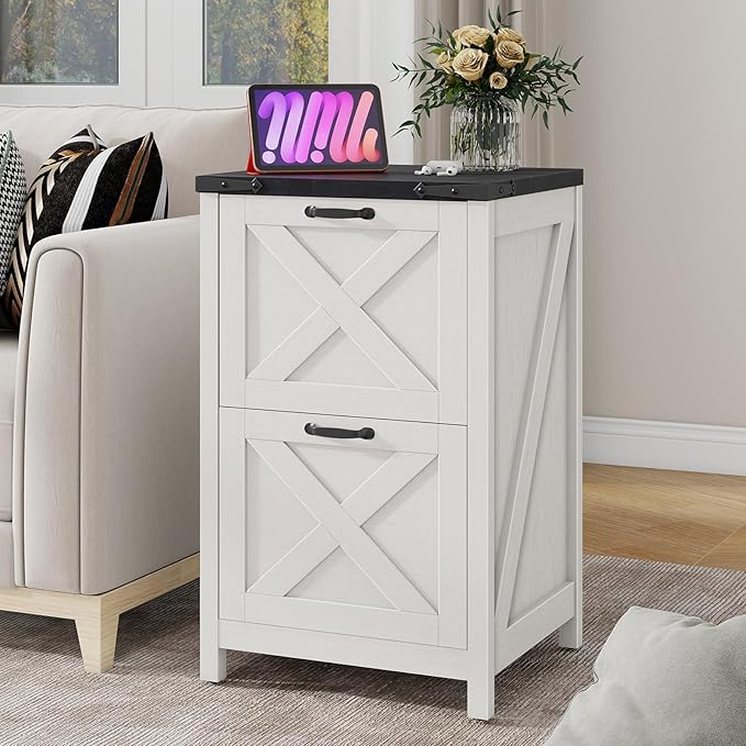Vabches Vertical File Cabinet with 2 Drawers, Wooden Farmhouse Filing Cabinet for Letter/A4 Size Hanging Files, Under Desk Printer Stand with Storage for Home Office, White and Black