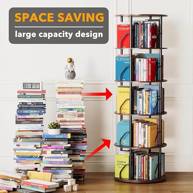 SpaceAid 5 Tier Rotating Bookshelf Tower, 360 Display Stackable Spinning Bookcase, Space Saving Revolving Round Book Shelf, Floor Standing Swivel Corner Organizer, Brown Wood