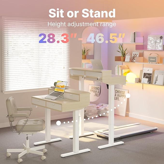 HUANUO 32 x 20 inch Electric Standing Desk with 4 Drawers, Adjustable Height Sit Stand Home Office Desk, C-Clamp Mount Compatible, Ergonomic Stand up Desk with 4 Preset Heights, Natural
