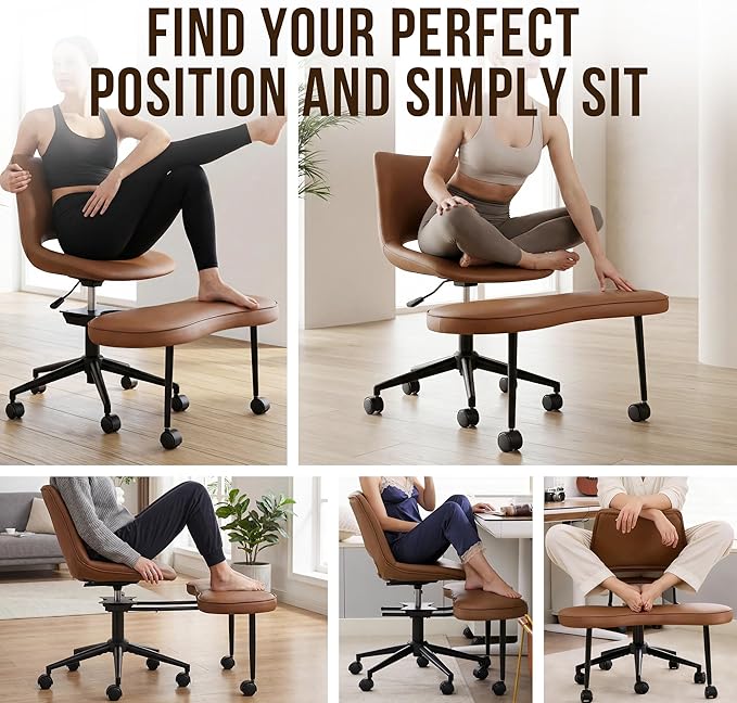 Ergonomic Cross Legged Office Chair with Wheels, 360° Swivel ADHD Chairs for Adults, Height Adjustable Seat for Meditation, Yoga - Wide Criss Cross Chair with Lumbar Support, Kneeling Chair, Brown