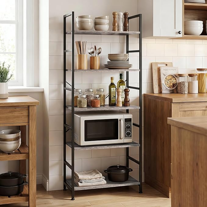 5 Tier Bookshelf, Free Standing Wooden Bookcase with Open Storage Shelves with Metal Frame, Sturdy Shelf Organization Display Rack for Living Room, Bedroom, Home Office, 62.2" Tall, Grey