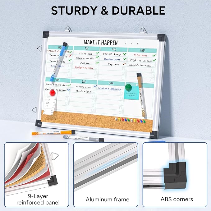 Marsrock Weekly Calendar Whiteboard and Cork Board Combo for Wall, 17"x13" Reversible Hanging Dry Erase Board, Double Sided White Board with Aluminum Frame for Planning, Office, Kitchen, School, Home