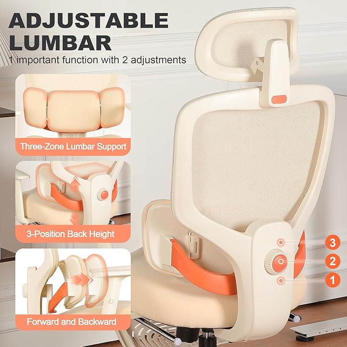 Ergonomic Office Chair with Footrest, Mesh Desk Chair with Adjustable Headrest & Armrests & Dynamic Floating Wing Lumbar Support, High Back Computer Chair for Home Office, BIFMA Certified, Beige