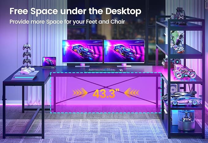 SEDETA L Shaped Gaming Desk, 63'' Reversible Computer Desk with Power Outlet and Storage Shelves, Corner Gaming Desk with LED Lights, Bookshelf for Home Office, Black