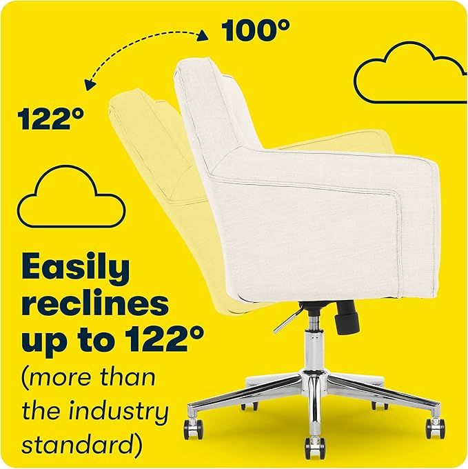 Serta Ashland Home Office Desk Chair with Button Tufted Mid-Back, Memory Foam Cushion and Padded Arms, Mid Century Modern Vanity Armchair with Wheels for Bedroom, Chrome Metal Base, Ivory