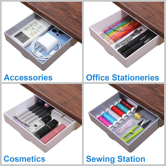 4 Pack Under Desk Drawer Self-Adhesive Desktop Storage Organizer, Hidden Attachable Slide Out Desk Drawer, Under Table Tray for Pencil Pen Stationery Office Organization, Gray