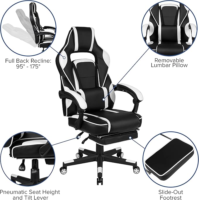 Flash Furniture Optis Black Gaming Desk with Cup Holder/Headphone Hook/Monitor Stand & White Reclining Back/Arms Gaming Chair with Footrest