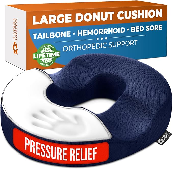 5 STARS UNITED Donut Pillow Hemorrhoid Tailbone Cushion – Large Cushion for Pain Relief – Coccyx, Prostate, Sciatica, Pelvic Floor, Pressure Sores, Pregnancy, Postpartum Recovery, Blue