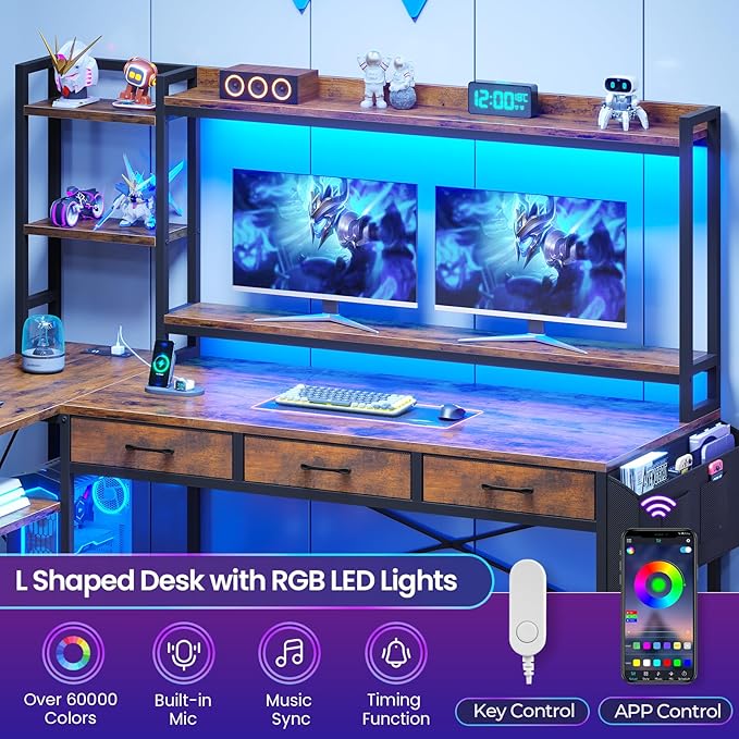 SEDETA 55" L Shaped Desk with Hutch, Corner Computer Desk with Drawers & Shelves, Reversible L Shaped Gaming Desk with Power Strip & LED Lights, Monitor Stand, Headphone Hook, Rustic Brown