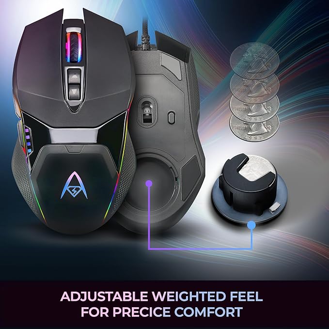 Adesso iMouse X5 USB RGB Illuminated Gaming Mouse – 7 Buttons, Adjustable Weight, 6 Level DPI Switch up to 6400, Optical Sensor, Ergonomic Design for Right-Handed Gamers, Multi-Color LED Backlight