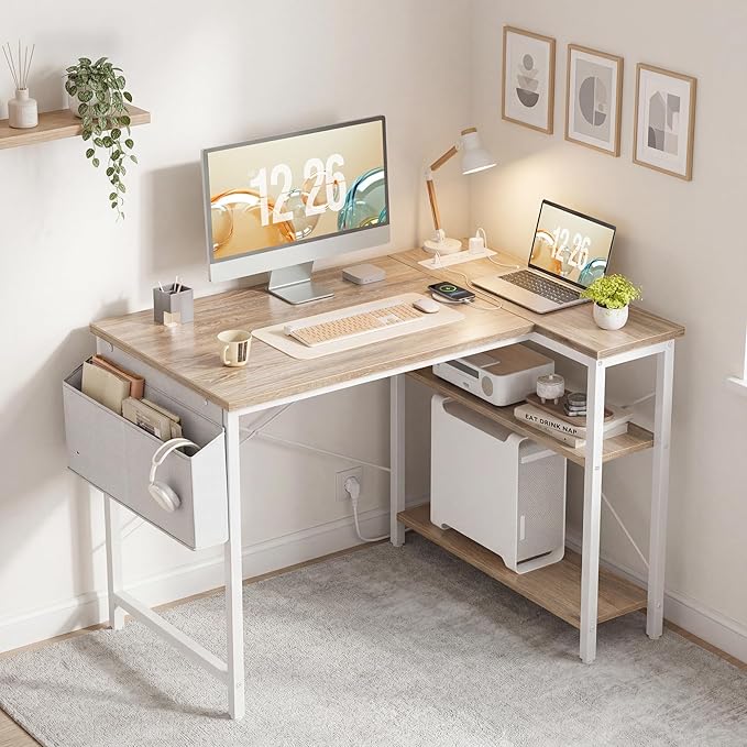 TIQLAB L Shaped Computer Desk with Power Outlets, 47 Inch Small Corner Desk with Reversible Shelves, Gaming Desk Computer Table Study Writing Table for Home Office Bedroom Small Space, Maple