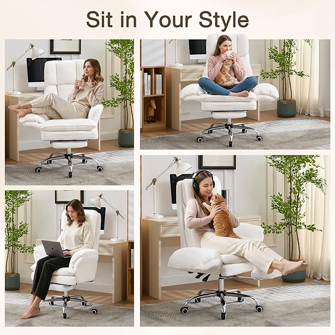 Ergonomic Cloud Cross Legged Office Chair with Footrest,Teddy Fleece Big and Tall Executive Chair with Wheels,Reversible Armrest,155° Reclining Computer Wide Desk Chair for Home,Office (Beige)