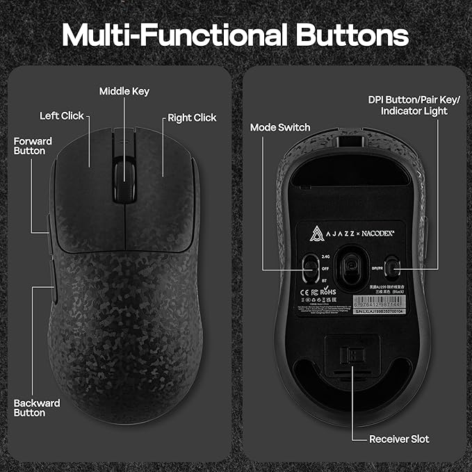 MechLands AJAZZ AJ199 Lightweight Gaming Mouse with Carbon Fiber Shell, 2.4G/USB-C/BT Wireless Mouse with 500mAh Battery, Adjustable 12,000 DPI & 1KHz Polling, PAW3311 Sensor for PC/Mac/Gaming (Black)