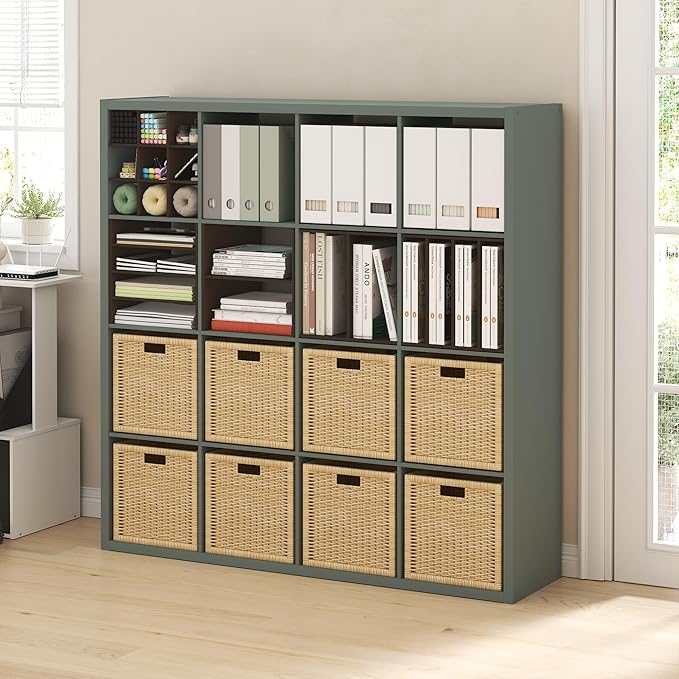 Furinno Cubicle Book Shelf, 16-Cube Bookshelf, Extra Thick Frame Reversible Bookcase with Open Back, 14.6" x 58" x 58", for Living Room, Bedroom, Home Office, Sage Green