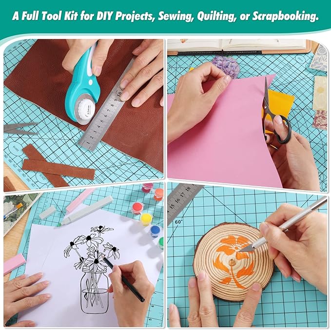Rotary Cutting Mat and Tools Set, Audab 45mm Fabric Cropping Cutter Wheel with A3 Self Healing Sewing Mat, Blades, Quilting Ruler and Clips, Crafts Knife for Shirt Cloth Patchworking Scrapbooking