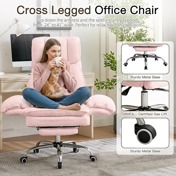 Ergonomic Cloud Cross Legged Office Chair with Footrest,Teddy Fleece Big and Tall Executive Chair with Wheels,Reversible Armrest,155° Reclining Computer Wide Desk Chair for Home,Office (Pink)