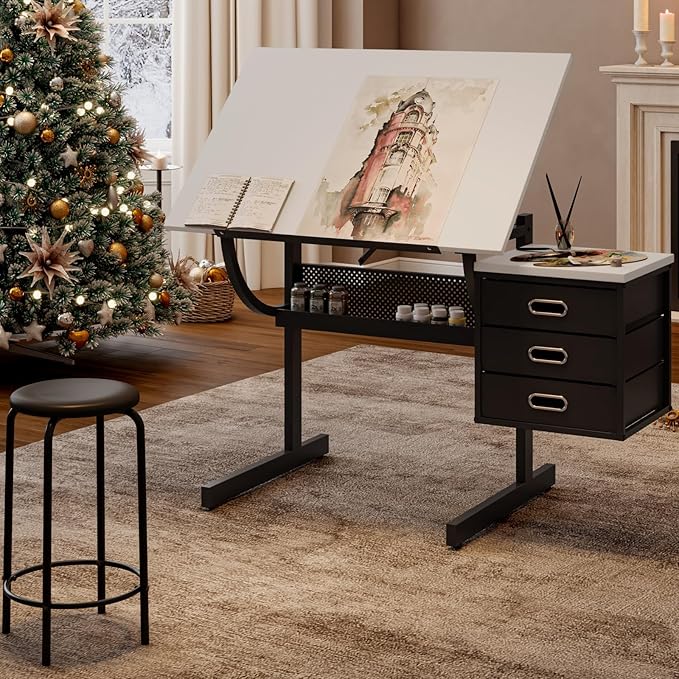Wood Drafting Table and Stool Set, Drawing Table Artist Desk with 3 Storage Drawers for Home Office and School (White+Black)