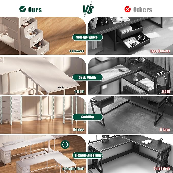 Korfile 66" L Shaped Computer Desk, 94.4'' Home Office Desk with Power Outlets, 4 Adjustable Storage Drawers & 2 Monitor Stands, Large Two Person Gaming Table for Writing Study, White