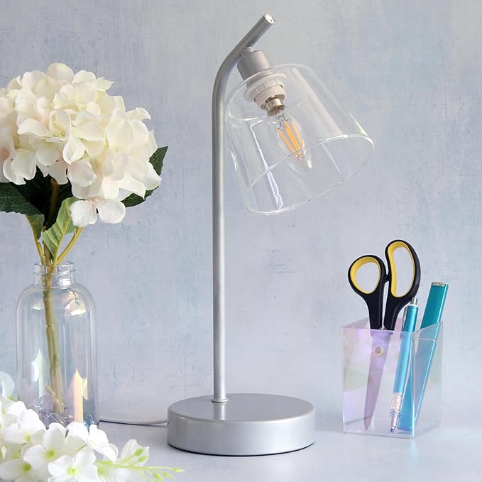 Simple Designs LD1080-SLV 16" Sleek Essentials Modern Industrial Metal Desk Lamp with Clear Glass Shade, for Office, Desk, Nightstand, Dorm, Silver