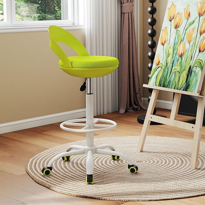 Giantex Drafting Chair Set of 2 with Back, Tall Office Chair with Footrest & Adjustable Height, Ergonomic Standing Desk Chair for Counter Height Desk, Home Kitchen, Green