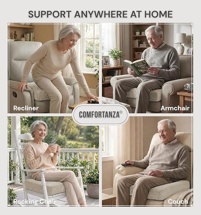 Soft 20x20x5 Memory Foam Recliner Chair Seat Cushion for Long Sitting - Armchair Pad with Washable Velvety Cover & Non-Slip Base for Seniors & Elderly - Cream