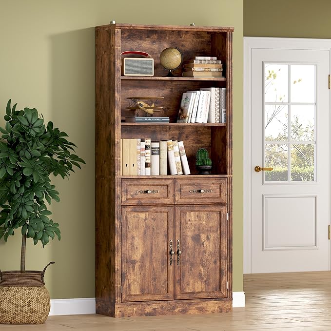 BORNOON 70.1" Tall Bookshelf with Drawers & Cabinet, 5-Tier Floor Standing Bookcase with Storage Doors, Adjustable Shelves & Metal Handles, 31.5" Wide Organizer for Home Office, Living Room