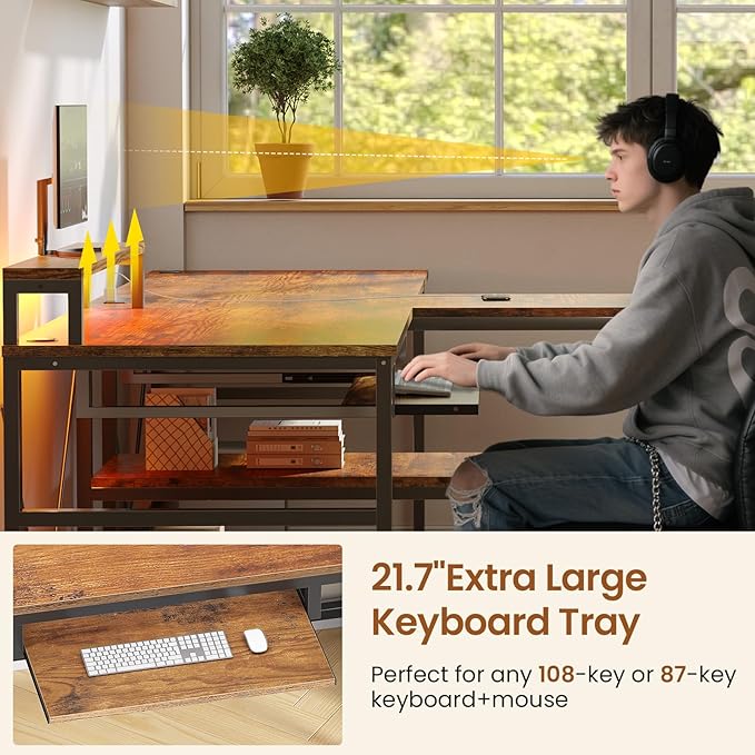 SEDETA 94.5" Home Office Desks, Computer Gaming Desk with Storage, LED Lights, Power Strip with USB, Keyboard Tray & Monitor Stand, Extra Long Double Desk for 2 Person, Rustic Brown