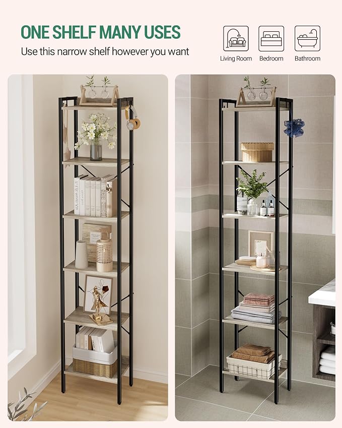 Hzuaneri Bookshelf, Book Shelf, Industrial Bookcase with 2 Hooks, Coner Shelf Storage Organizer for Home Office, Living Room, Bedroom, Kitchen, 6-Tier Greige BC10705B