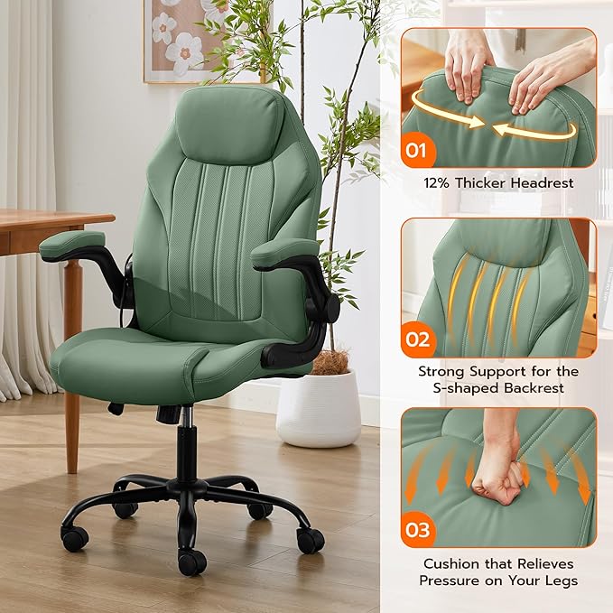 Office Desk Chair, Ergonomic Computer Chair with Padded Flip-Up Arms and Adjustable Lumbar Support, PU Leather Executive Chair with Tilt Lock and 360° Swivel Rolling Wheels for Work, Study