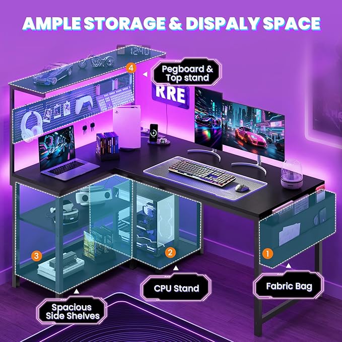 Apicizon L Shaped Desk Gaming Desk with LED Light & Power Outlet, 47 Inch Reversible Computer Desk with Pegboard & Shelf & Storage Bag for Home Office, Black