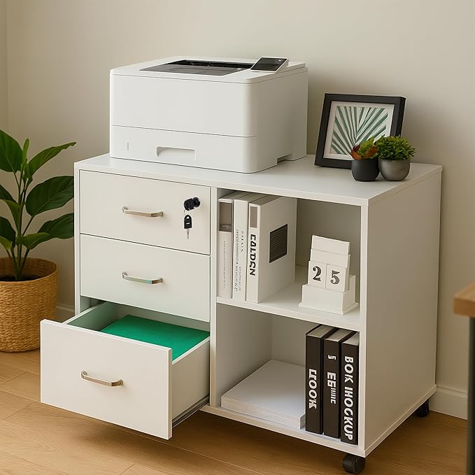 Relaxdays Rolling Container, 3 Drawers, 2 Compartments, Hanging Files, H x W x D: 66 x 80 x 40 cm, Lockable Filing Cabinet, White