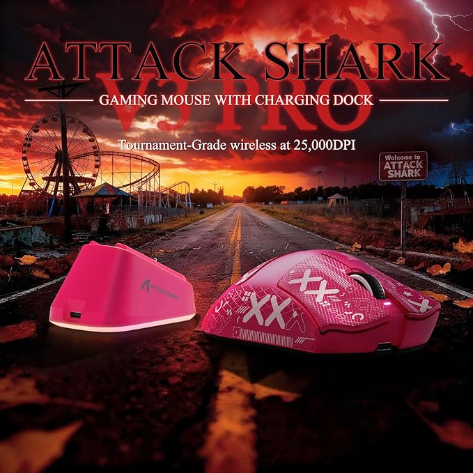 MAMBASNAKE Attack Shark V3 PRO 62g Superlight Wireless Gaming Mouse,RGB Charging Dock,BK52820 Tri-Mode BT/2.4G Wireless/Wired Mouse with Grip Tape,25000DPI,5 Programmable Buttons for Pc/Mac,Red PRO