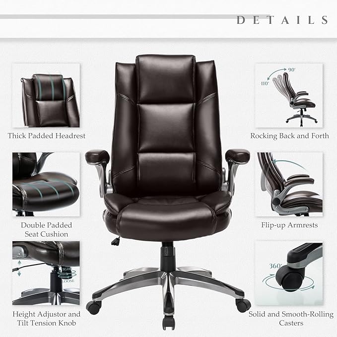 MALOL Leather Executive Office Chair - High Back Home Computer Desk Chair with Padded Flip-up Arms, Adjustable Tilt Lock, Swivel Rolling Ergonomic Chair for Adult Working Study, Brown