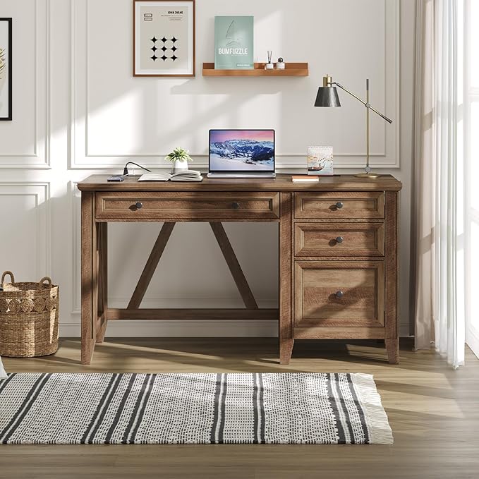 ONBRILL 54 Inch Farmhouse Executive Desk, Computer Desk with Drawers, Home Office Desk with Charging Station, for Working Studying Writing, Brown