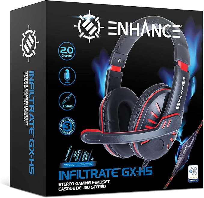 ENHANCE GX-H5 Gaming Headset with Microphone - Universal Gaming Headset for PS4, PS5, Xbox, PC, Switch with Adjustable Headband, Volume Controller, USB Sound-Isolating Earcups, Splitter Cable (Red)