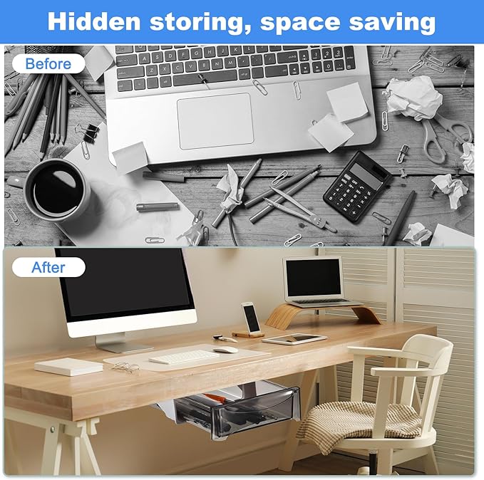 uxcell Under Desk Drawer, 2Pcs - Plastic Self-Adhesive Under Desk Storage Organizer, Slide Out Stationery Storage for Office Home (Black, 335x245 MM)