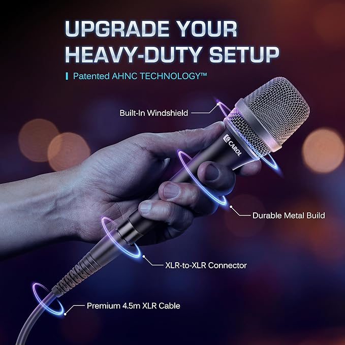 CAROL AC-900 XLR Wired Vocal Microphone – Dynamic Supercardioid Mic with Dual-Engine AHNC Noise Cancelling Tech for Singing, Karaoke, Stage & Studio, Includes Mic Clip & 14.8ft XLR Cable - Black
