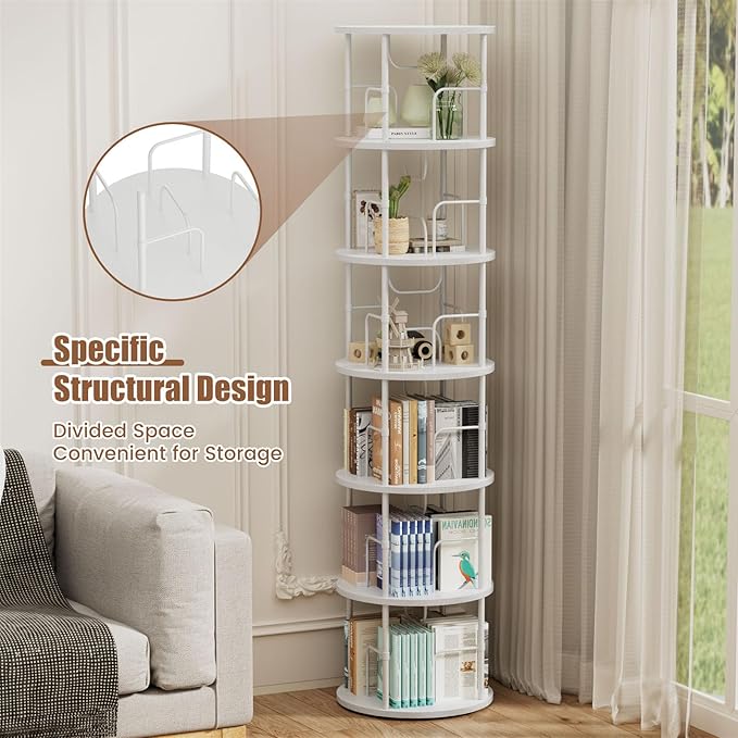 ALLSTAND 6 Tier Rotating Bookshelf, 360 ° Display Stackable Spinning Bookshelf Tower, Corner Bookshelf Tall Floor Standing Swivel Bookcase Narrow Storage Organizer for Bedroom, Living Room, White