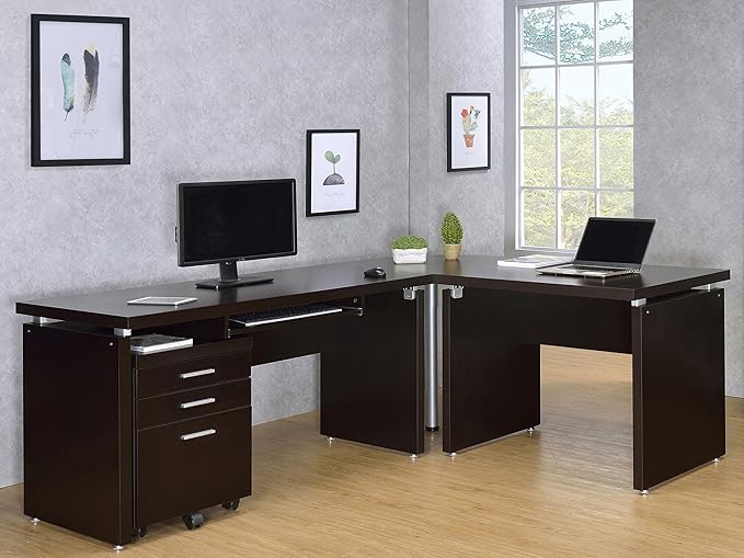 Coaster Home Furnishings - Skylar - Wood - L-Shaped Desk Set with Keyboard Tray, Mobile Filing Cabinet with Casters, Three Drawers - Transitional Style - Home Office - Cappuccino - 800891-S4